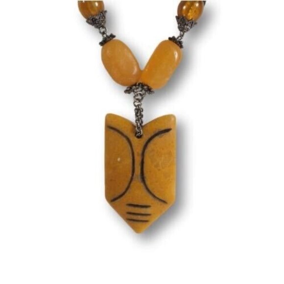 Vintage Chunky Beaded Yellow Necklace With Ethnic Pendant & Toggle Clasp - Picture 2 of 7